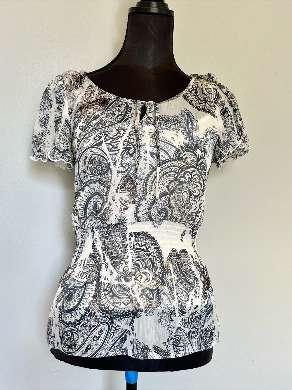 Y2k blue and white paisley print baby doll top